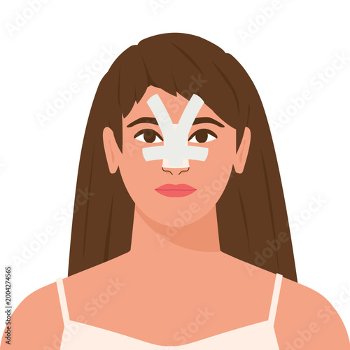 woman with plaster after nose surgery, rhinoplasty recovery concept, facial bandage, healthcare and cosmetic procedure- vector illustration