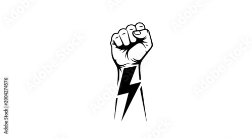 A powerful vector graphic illustration depicting a strong raised fist with a lightning bolt emblem, symbolizing unity, protest, and revolutionary spirit for impactful design projects.