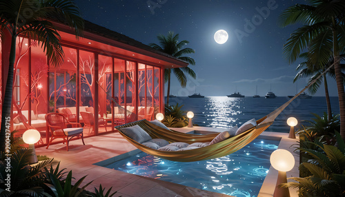 A luxury tropical island resort at night featuring a swimming pool and palm trees reflecting in the calm sea water under a summer sky