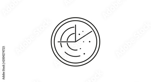 The image depicts a minimalist line art radar scanner vector graphic illustration, showcasing detection and analysis for various technological applications and warning systems.