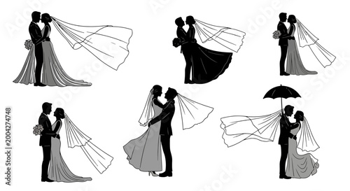 A beautiful collection of vector graphic wedding couple silhouettes capturing romantic moments of love, celebration, and marital bliss on their special day illustration.