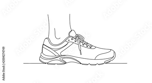 Minimalist line art vector illustration of a single athletic running shoe with laces neatly tied and part of a human ankle visible