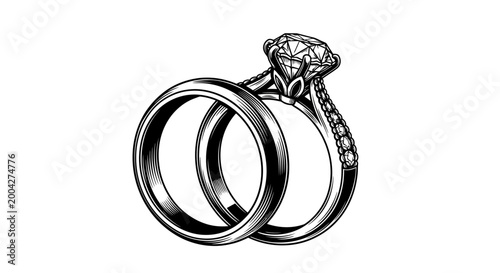 Detailed black and white illustration of two wedding rings intertwined symbolizing love and commitment