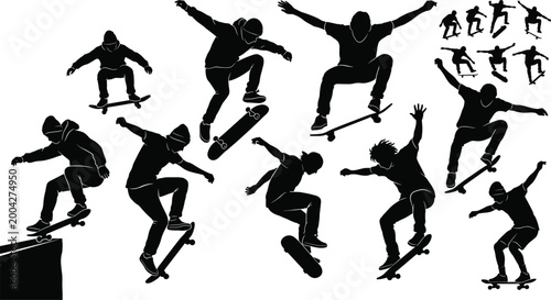 Photos Skateboarder silhouettes performing tricks and jumps collection isolated on whit