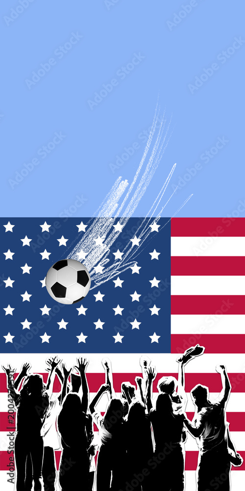 Naklejka premium Soccer ball flying above cheering fans and American flag background. Concept of national football celebration, fan zone promo, stadium watch party, event poster and sports campaign.