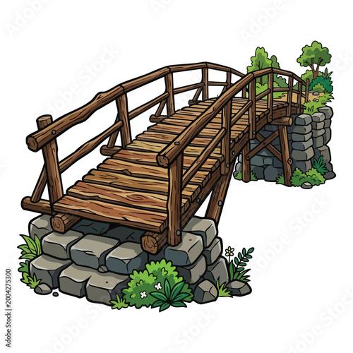 Wooden Bridge Over Rocks and Grass Illustration