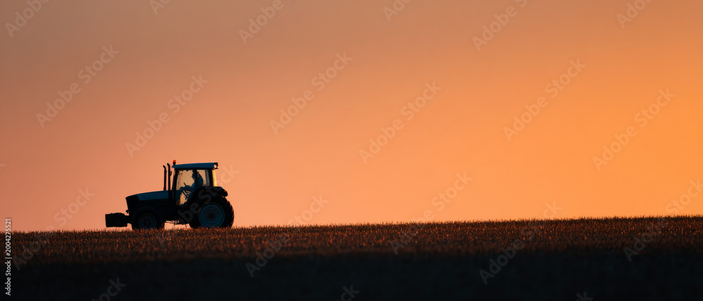 Fototapeta premium Tractor silhouette on farmland at sunset