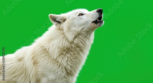 White dog howling with green background.