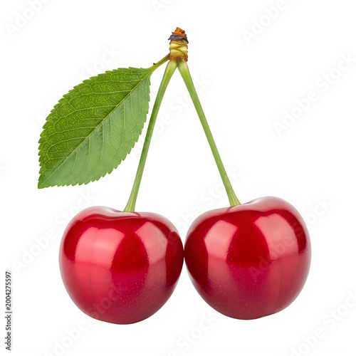 Fresh red cherries with green leaves on white