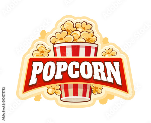 Cinema popcorn sweet snack icon or label. Movie crunchy meal cartoon label, cinema sweet snack vector emblem. Party salty dessert icon or fluffy sweetcorn badge with popcorn bucket and typography