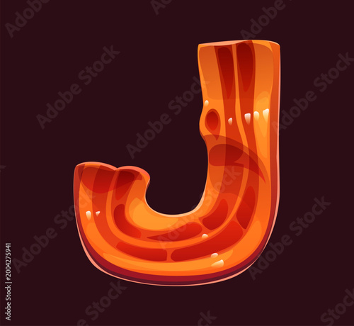 Cartoon barbecue font, BBQ bacon J letter typeface, ABC English type alphabet. BBQ meat vector typeface, grill food font type. Barbeque English ABC typeset with strip of cooked, grilled pork bacon