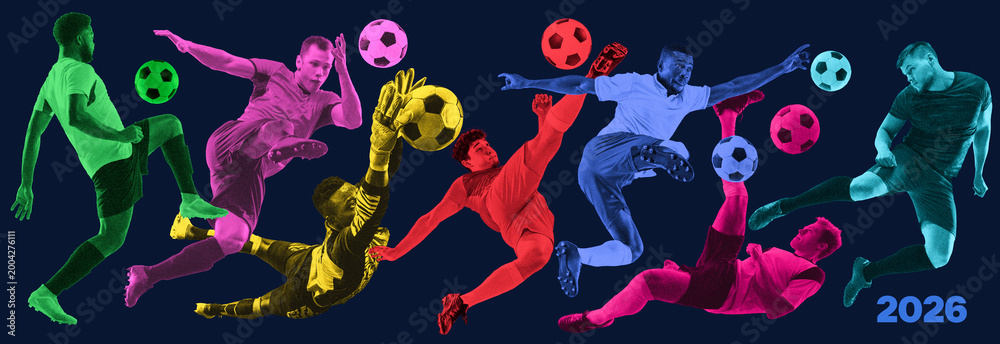 Obraz premium Neon soccer players collage with balls and 2026 text on dark banner. Concept of football tournament promo, panoramic fan header, sports campaign, match advertising and energetic event design.