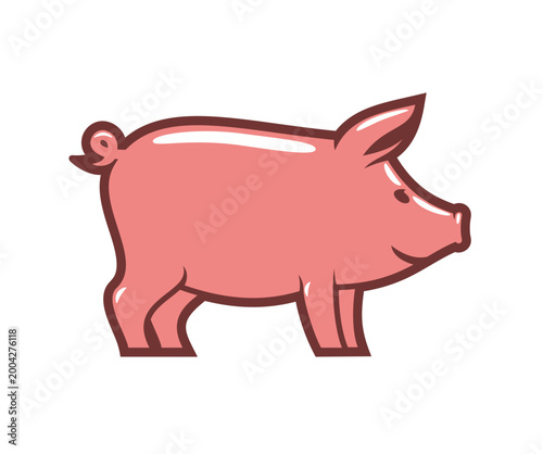 Farm pig and pork meat icon, domestic animal sign. Domestic animal farm or agriculture vector symbol, pig butcher icon. BBQ meat market label or emblem with cute pink piglet, funny piggy character