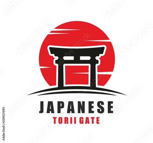 Japanese temple torii gate silhouette and red rising sun icon. Japanese gateway vector icon, Japan temple torii emblem. Asian landmark sign with sunset red sun and clods silhouette, typography text