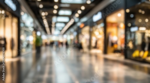 Blurred interior of modern shopping mall hallway with store windows and lights