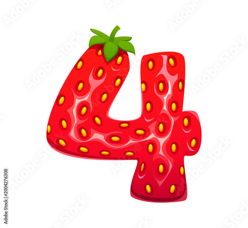 Cartoon strawberry, farm red berry English alphabet typeset, font number 4 four. Garden berry font or typeface symbol, forest strawberry typography isolated vector digit. Ripe fruit type number