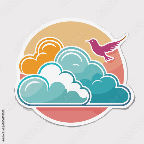 Stylized bird flying through colorful clouds at sunset