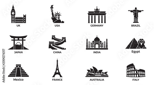Canvas Print Famous world landmarks and travel destinations icon set