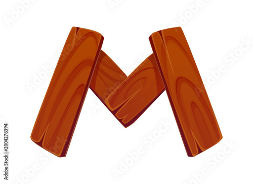 Cartoon wooden, timber kids ABC font, typeface letter M. Natural fence plank English alphabet element, wooden kids ABC typeface vector letter. Wood texture type font symbol