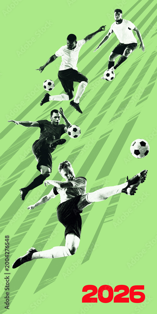 Naklejka premium Monochrome soccer players on green poster with bold 2026 event text. Concept of football championship promo, vertical sports banner, match schedule design and textured fan campaign.