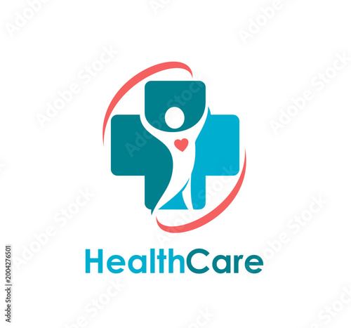 Medical care, charity and health icon, hospital sign. Medical care charity fund sign, health service vector emblem. Hospital or clinic icon with human standing with raised hands, blue cross and heart