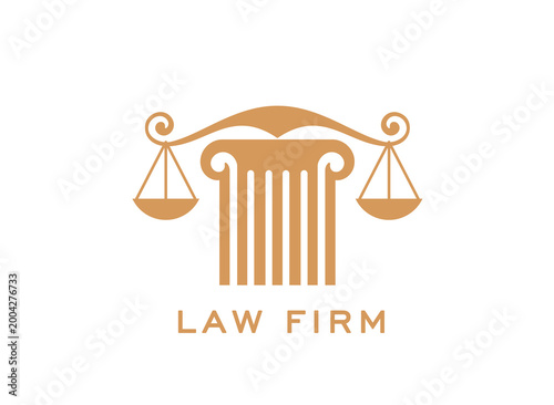 Justice scales and attorney law firm icon. Lawyer service icon, legal jurisprudence company symbol. Attorney firm sign or law office emblem with ancient roman or greek column, scales of justice