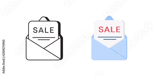 Sale Envelope Online Shopping Icon Displaying Open Mail With SALE Card, Pastelblue Filled And Outline Variants, Designed For Email Marketing And Promotional Campaigns, Ideal For Coupon