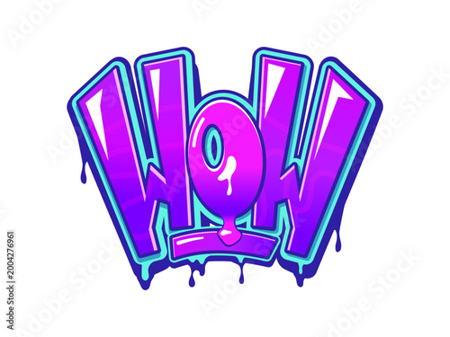 Wow street graffiti, urban wall painting typography. Urban wow graffiti artwork, ghetto airbrush vector tag. Hip Hop culture wall cool spray or street drawing with purple letters and dripping paint