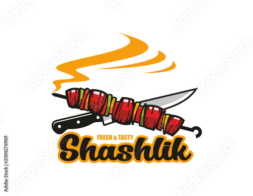 Shashlik BBQ food restaurant icon or label. Roasted meat BBQ cafe badge, skewer kebab restaurant vector symbol. Grilled shashlik emblem or icon with kitchen knife, meat on skewer and typography