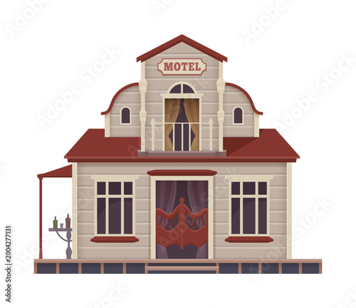 Western town motel cartoon building. American Western town home porch, US Wild West city vector two storey building. USA ancient motel or hotel house facade or Texas history wooden construction