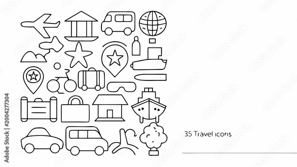 Naklejka premium Set of travel icons, thin line style, vector illustration, collection of transportation, tourism and vacation symbols