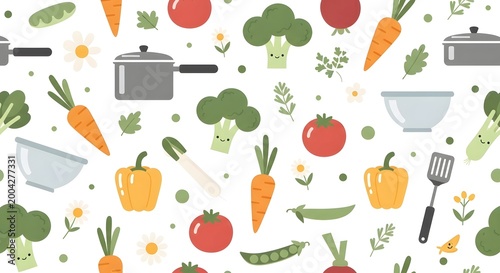 Whimsical kitchen pattern with pots, veggies, and smiling produce in a playful layout.
