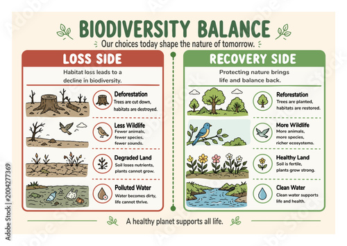 生物多様性の損失と回復を比較する環境インフォグラフィック、Biodiversity Loss and Recovery Comparison Infographic
