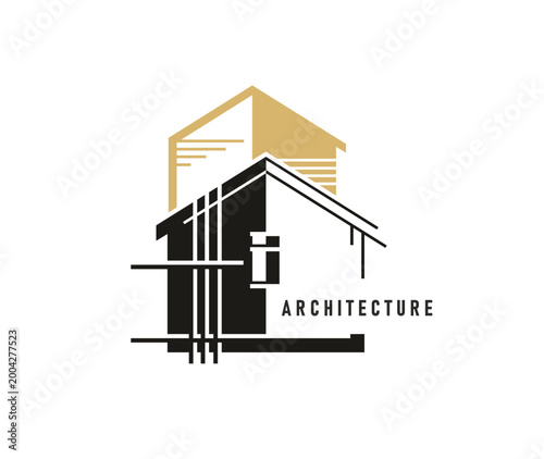 Building construction and repair icon, architecture service sign. Architecture project agency vector sign, building construction icon. Renovation business emblem with black and golden abstract house