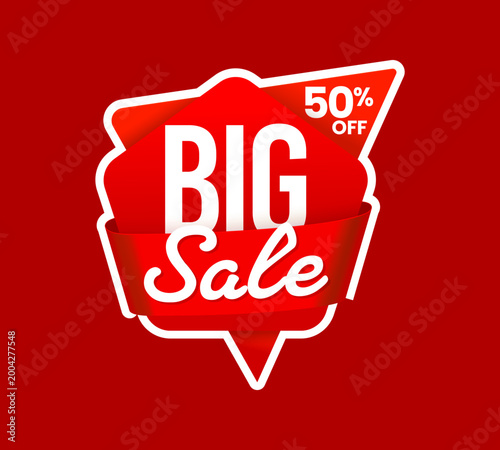 Shop big sale promo tag or discount label. Store sale label, product deal offer vector icon. Shop discount sticker or seasonal price off tag with red color pentagon shape, ribbon and typography