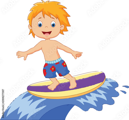 Kids Surfing Vector Illustration – Children Riding Waves on Surfboards, Cartoon Summer Beach Scene, Water Sports Activity, Ocean Adventure, Fun Vacation Lifestyle Design