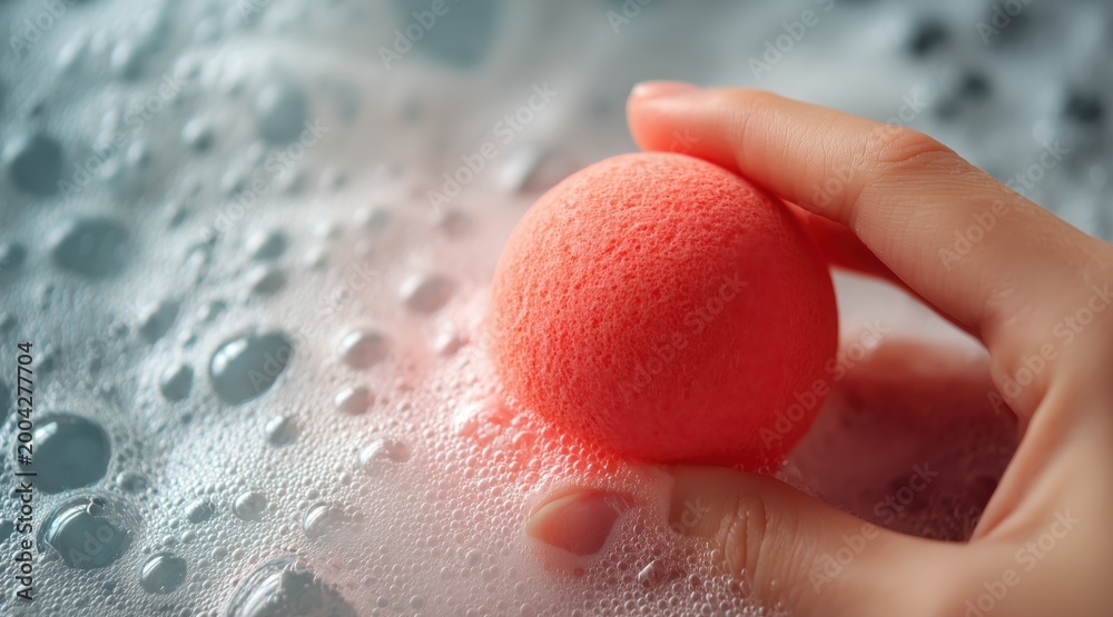 Fototapeta premium hand holding pink bath bomb in soapy water with foam and bubbles