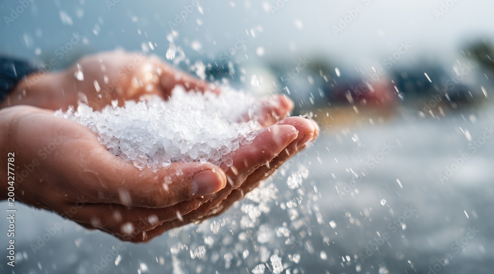 Fototapeta premium hands holding heap of hailstones during heavy hailstorm
