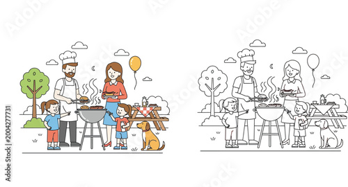 Family barbecue picnic vector illustration with colored and black and white outline versions for coloring book. Parents, kids, and pet dog enjoying outdoor summer food and grilling.