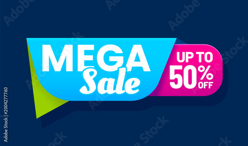 Store mega sale deal tag or discount banner. Seasonal discount icon, shop sale vector sticker. Store price off tag or label with speak cloud shape, blue, green and pink color background