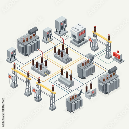 Isometric illustration of electrical power distribution infrastructure.