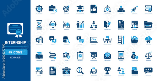 Career Opportunity and Internship Solid Icon Set Guiding Skill Target Graduation Stipend Mentor Chat Coding Laptop Resume Interview Trophy Feedback Rating Door Network Board Meeting Student