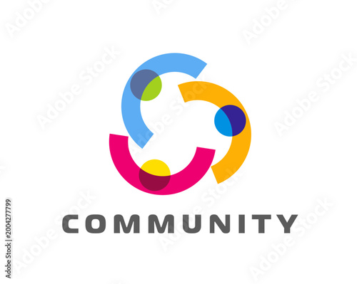 People community and connect icon. People family and friendship connect vector symbol. Business teamwork icon with human colorful abstract figures standing in circle