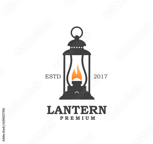 House rustic lantern lamp icon or symbol. Retro gas lamp vector symbol, vintage light icon. Antique kerosene lamp, camp, home or mine old lantern sign with burning fire flame, premium typography