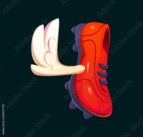 Cartoon soccer player boot font typeset number 4 four. Ball game sport font numeral symbol, soccer game typography vector figure. European football match typeface number or sport league type digit