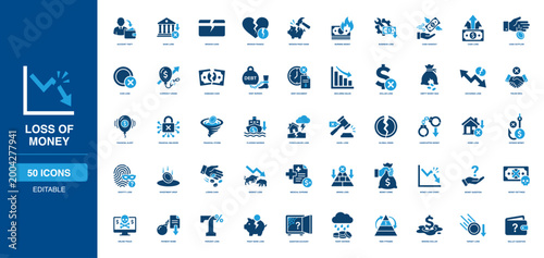 Financial Debt and Loss Of Money Glyph Icon Collection Tracking Bank Theft Burning Cash Crash Burden Declining Sales Empty Bag Foreclosure Identity Drop Fraud Percent Piggy Target Wallet