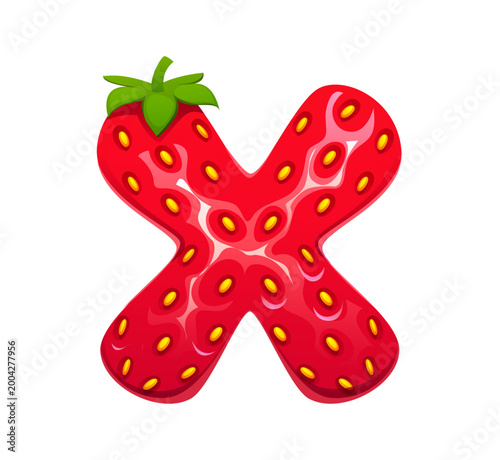 Cartoon strawberry, garden red berry ABC font type, typeset letter X. Garden berry English alphabet font symbol, ripe plant typeset vector sign. Forest strawberry type letter