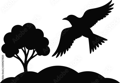 Minimalist black silhouette showing a bird in flight above a small grassy hill with a single tree, isolated on a white background, representing nature, freedom, and wildlife themes