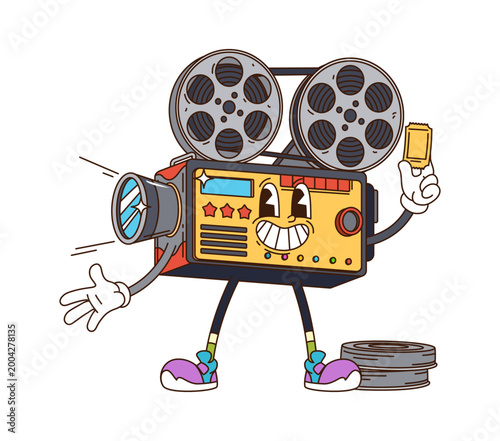 Cinema and movie film camera cartoon groovy character. Movie entertainment groovy character, filmmaking vector mascot. Cinematography production retro camera happy personage holding ticket