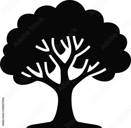 Simple black silhouette of a deciduous tree with a rounded canopy and thick trunk isolated on a white background, representing nature, environment, forest, or growth concept